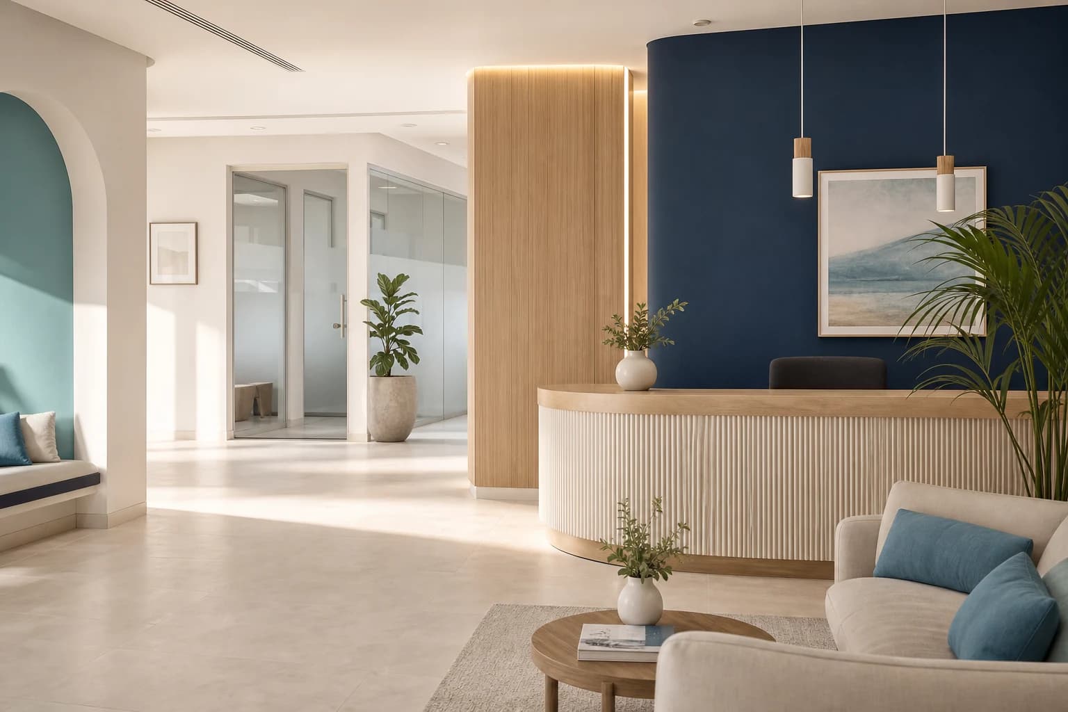 Accueil contemporain d’une clinique fictive, baigné de lumière naturelle